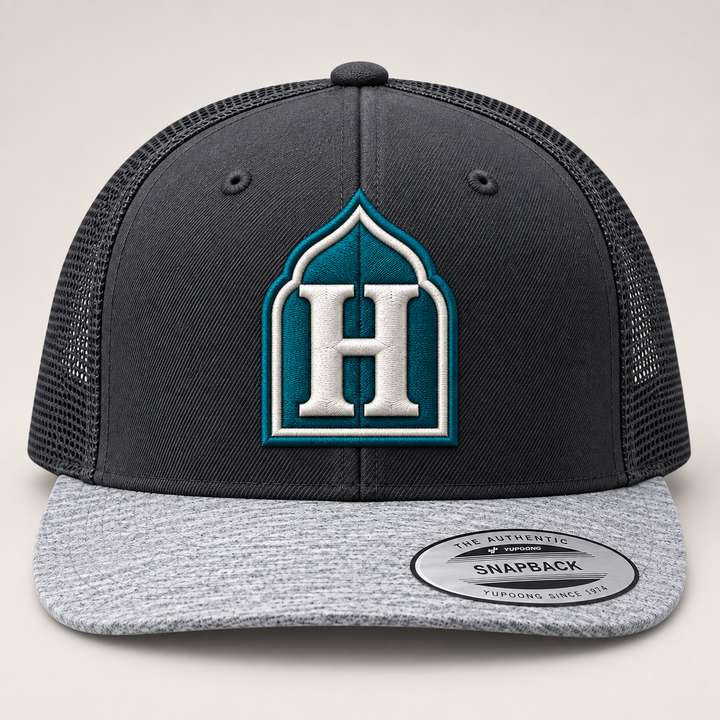 👻 Slate Arch – Monogram Crest · Teal crest · White letter · Charcoal Heather Snapback | Hand Finished in Dubai | EmbroMania