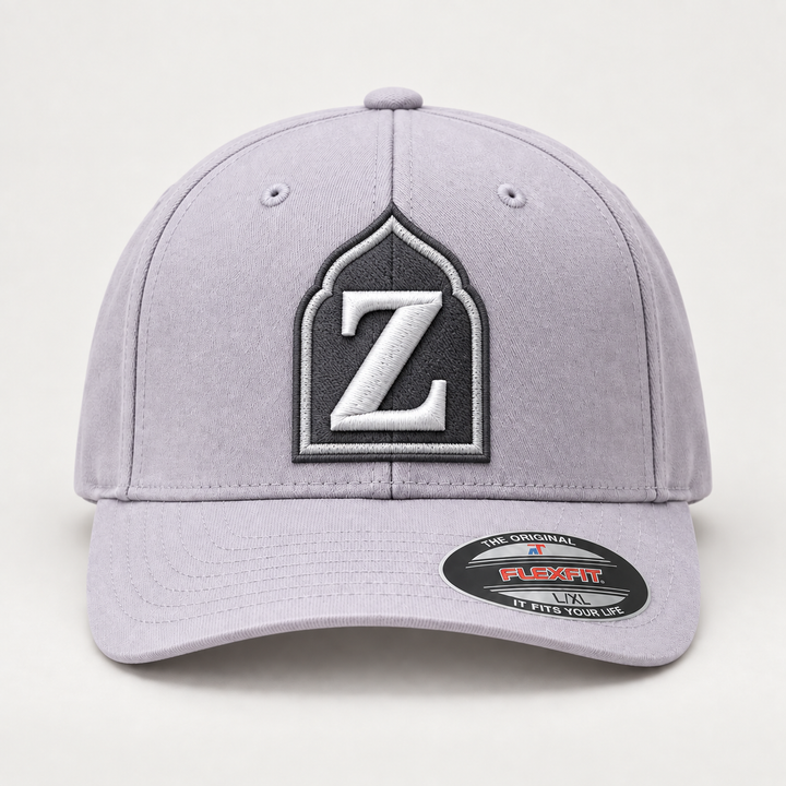 🌫️ Stone Arch – Monogram Crest · Charcoal crest · White letter · Light Grey Flexfit | Hand Finished in Dubai | EmbroMania