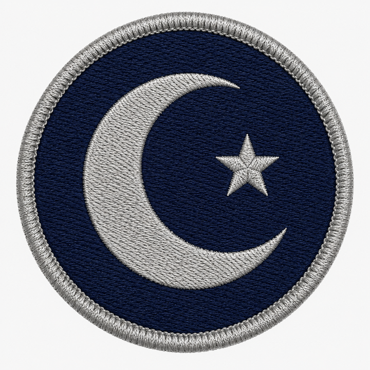 Moon Phase Crest embroidery patch featuring a crescent moon with a small star in flat navy and silver | Hand Finished in Dubai | EmbroMania