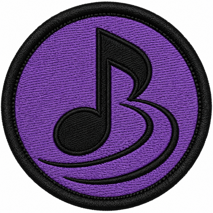 Music Note Swirl embroidery patch featuring a single music note with a curved swirl trail in flat black and purple | Hand Finished in Dubai | EmbroMania