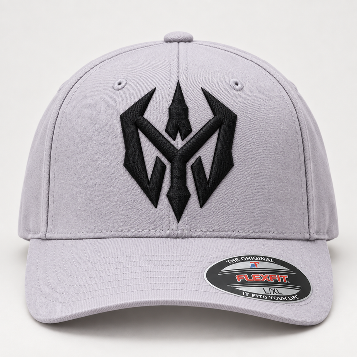 🌫️⚔️ Ash Sigil – Nightblade Sigil · Black 3D puff · Light Grey Flexfit Curved | Hand Finished in Dubai | EmbroMania