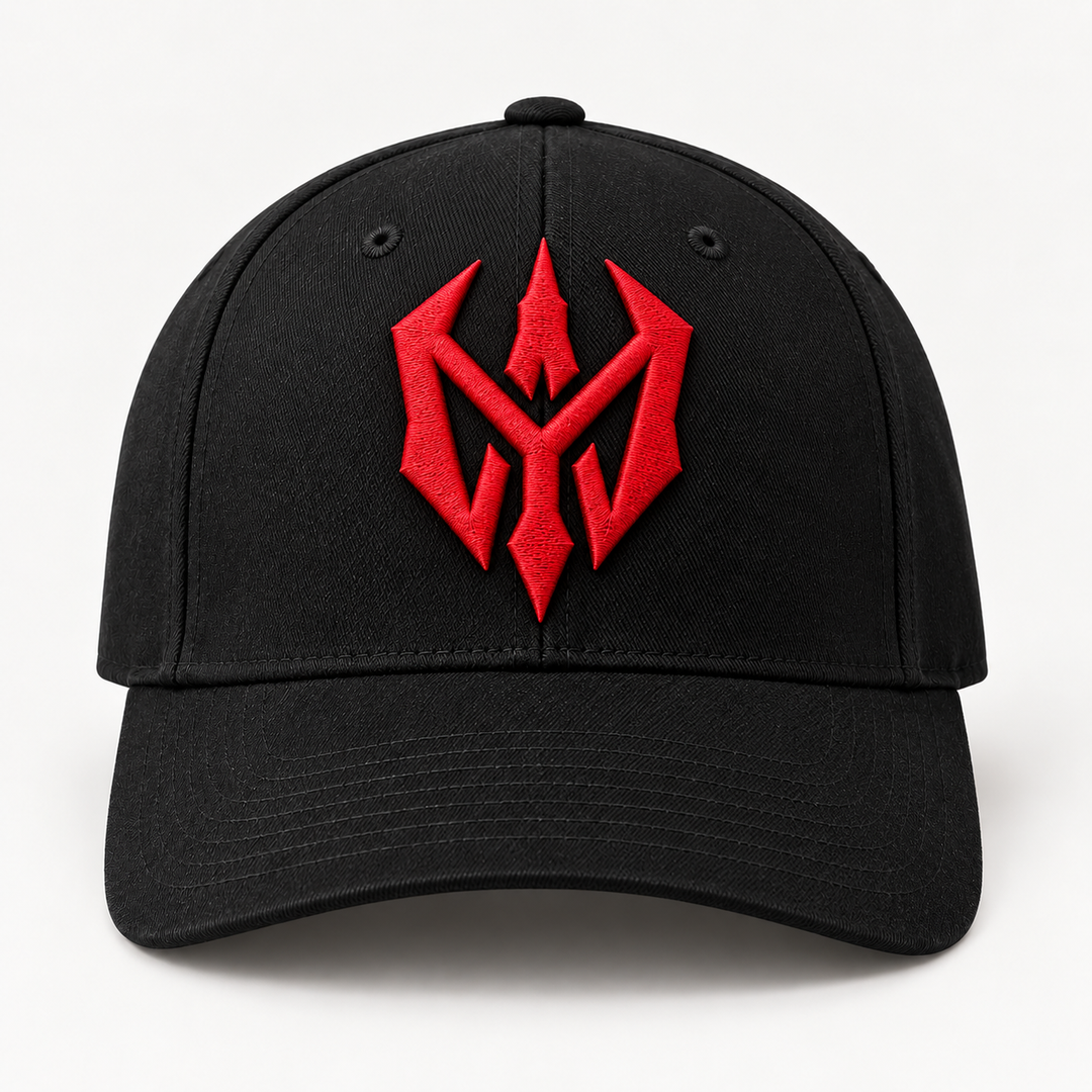 🔴⚔️ Blood Sigil – Nightblade Sigil · Red 3D puff · Black Solid Flexfit | Hand Finished in Dubai | EmbroMania