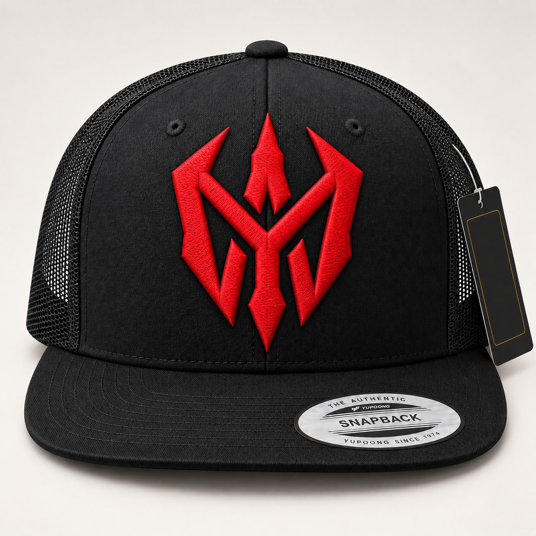 🔴🖤 Crimson Blade – Nightblade Sigil · Red 3D puff · Black Flat Trucker YP Classics | Hand Finished in Dubai | EmbroMania