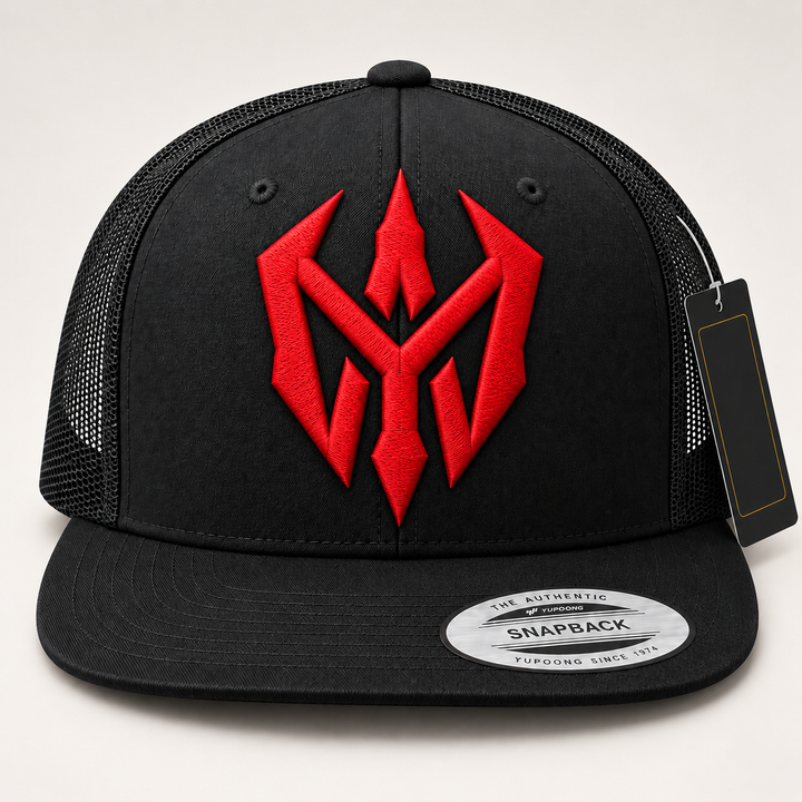 🔴🖤 Crimson Blade – Nightblade Sigil · Red 3D puff · Black Flat Trucker YP Classics | Hand Finished in Dubai | EmbroMania