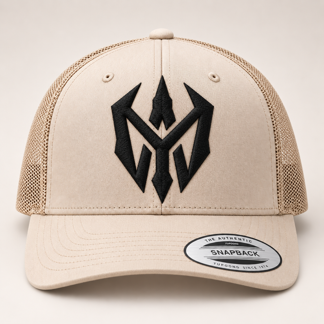 🏜️⚔️ Desert Sigil – Nightblade Sigil · Black 3D puff · Sand Beige Retro Trucker | Hand Finished in Dubai | EmbroMania