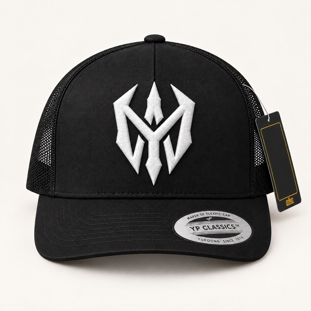 ✨🖤 Gilded Blade – Nightblade Sigil · Gold 3D puff · Black Curved Trucker | Hand Finished in Dubai | EmbroMania