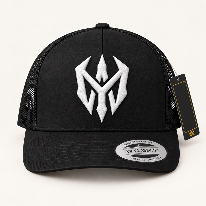 ✨🖤 Gilded Blade – Nightblade Sigil · Gold 3D puff · Black Curved Trucker | Hand Finished in Dubai | EmbroMania