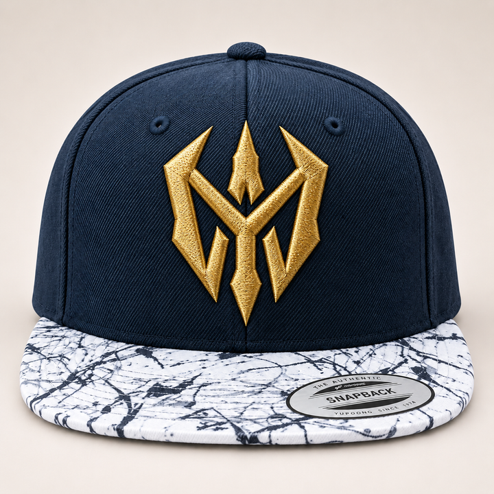 🌊✨ Marble Blade – Nightblade Sigil · Gold 3D puff · Navy Crown &amp; Marble Brim Snapback | Hand Finished in Dubai | EmbroMania