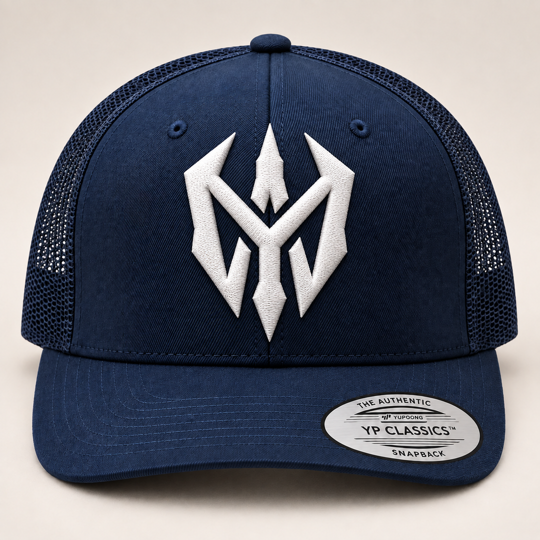 🌊⚔️ Phantom Sigil – Nightblade Sigil · White 3D puff · Dark Navy Curved Trucker | Hand Finished in Dubai | EmbroMania