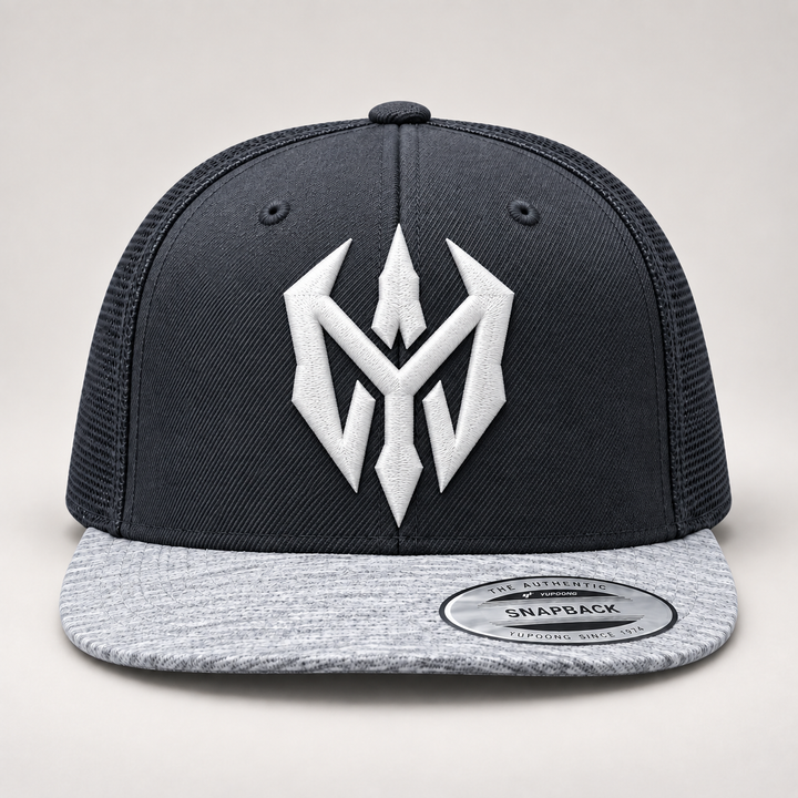 🌫️☁️ Slate Blade – Nightblade Sigil · White 3D puff · Charcoal &amp; Heather Grey Snapback | Hand Finished in Dubai | EmbroMania