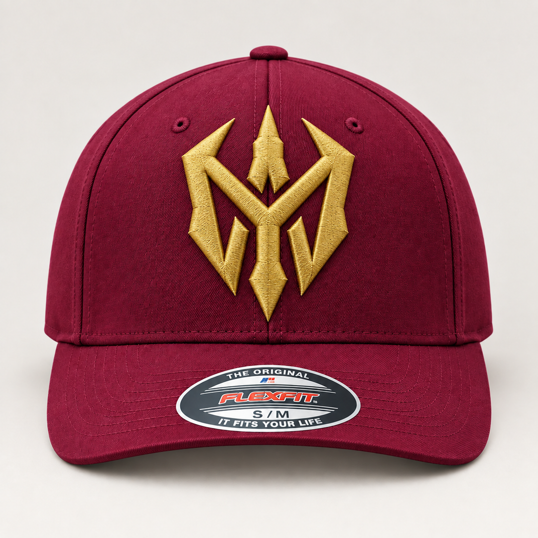 🍷✨ Wine Blade – Nightblade Sigil · Gold 3D puff · Burgundy Flexfit Curved | Hand Finished in Dubai | EmbroMania