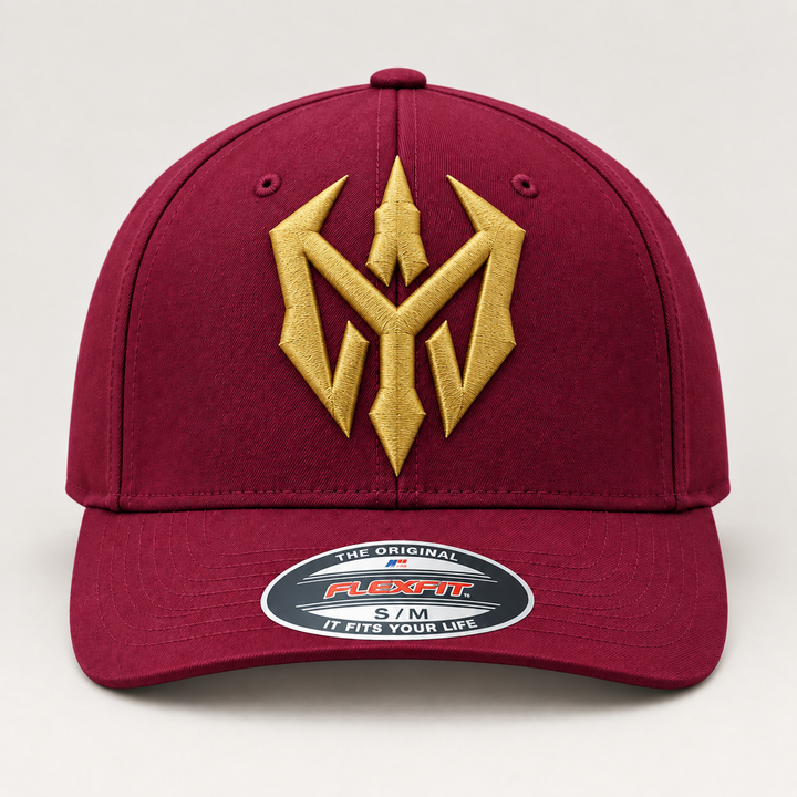 🍷✨ Wine Blade – Nightblade Sigil · Gold 3D puff · Burgundy Flexfit Curved | Hand Finished in Dubai | EmbroMania