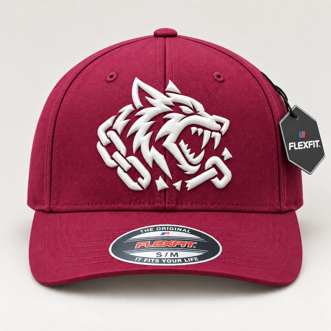 🐺🍷 Fang Blood – Obsidian Fang · White 3D puff · Burgundy Flexfit | Hand Finished in Dubai | EmbroMania