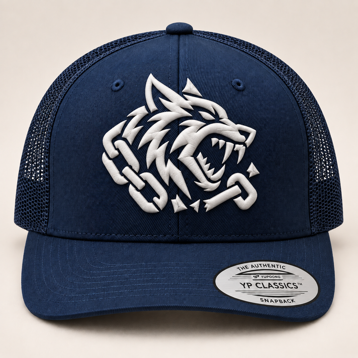 🐺🌊 Fang Depths – Obsidian Fang · White 3D puff · Dark Navy Curved Trucker | Hand Finished in Dubai | EmbroMania