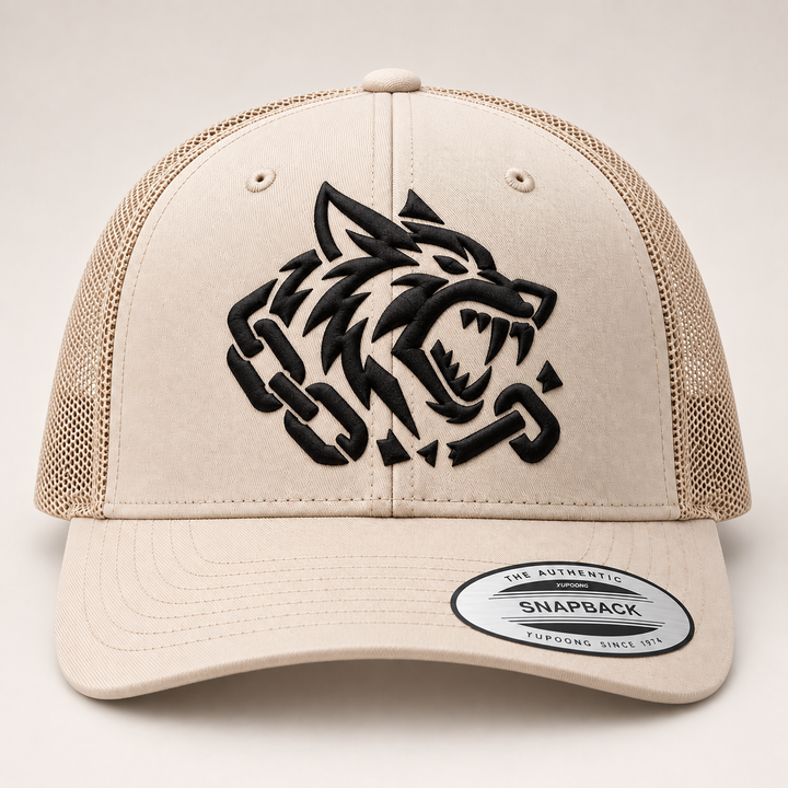 🐺🏜️ Fang Dune – Obsidian Fang · Black 3D puff · Sand Beige Retro Trucker | Hand Finished in Dubai | EmbroMania