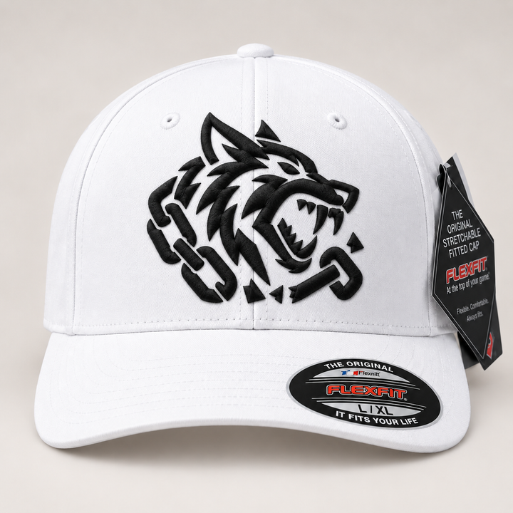 🐺🤍 Fang Frost – Obsidian Fang · Black 3D puff · White Solid Flexfit | Hand Finished in Dubai | EmbroMania
