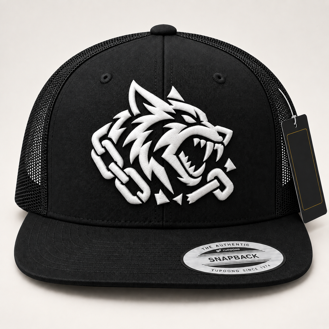 🐺🖤 Fang Ghost – Obsidian Fang · White 3D puff · Black Flat Trucker YP Classics | Hand Finished in Dubai | EmbroMania