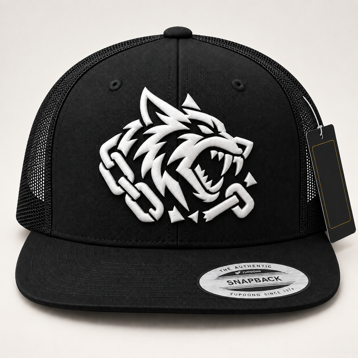 🐺🖤 Fang Ghost – Obsidian Fang · White 3D puff · Black Flat Trucker YP Classics | Hand Finished in Dubai | EmbroMania