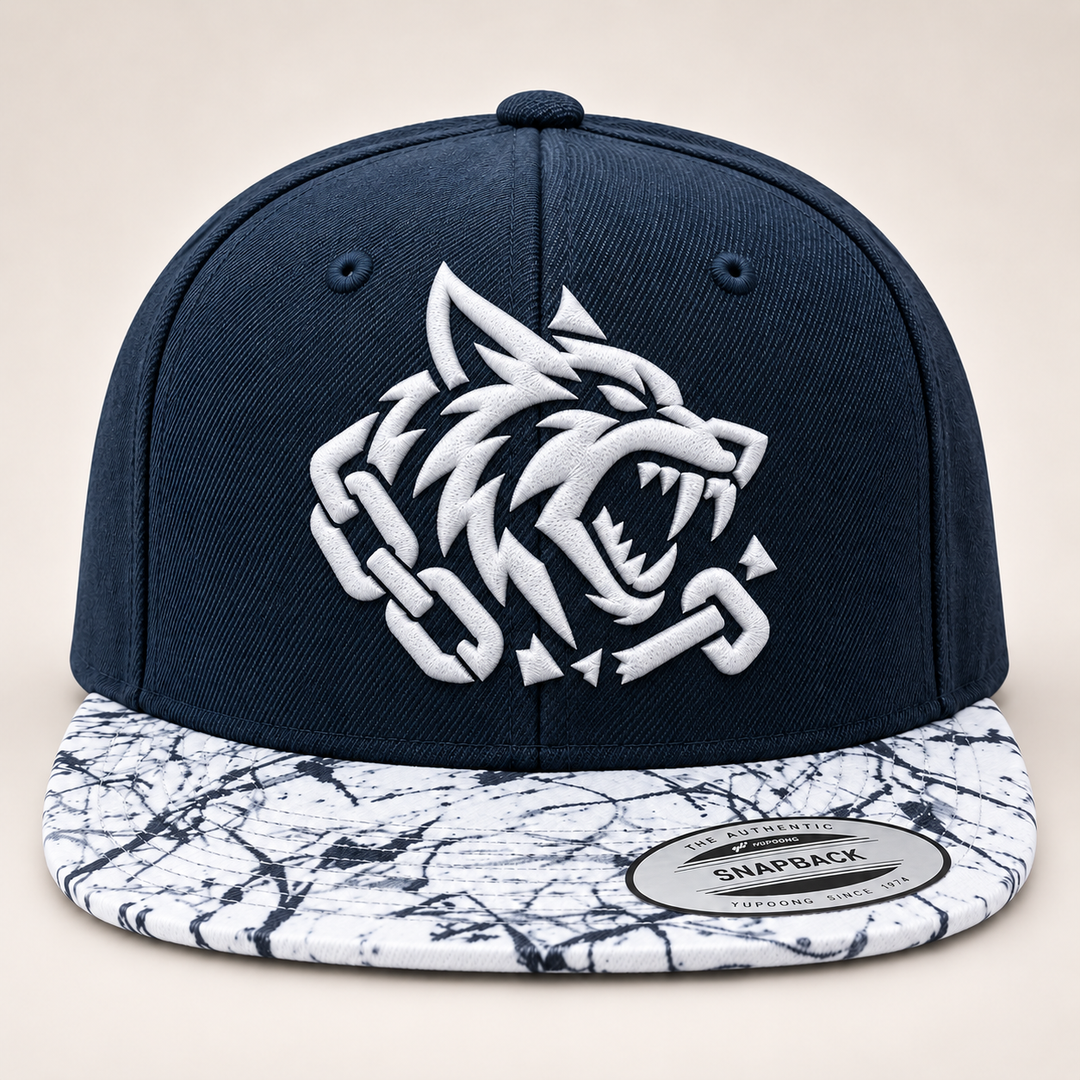 🐺🪨 Fang Marble – Obsidian Fang · White 3D puff · Navy Crown &amp; Marble Brim Snapback | Hand Finished in Dubai | EmbroMania
