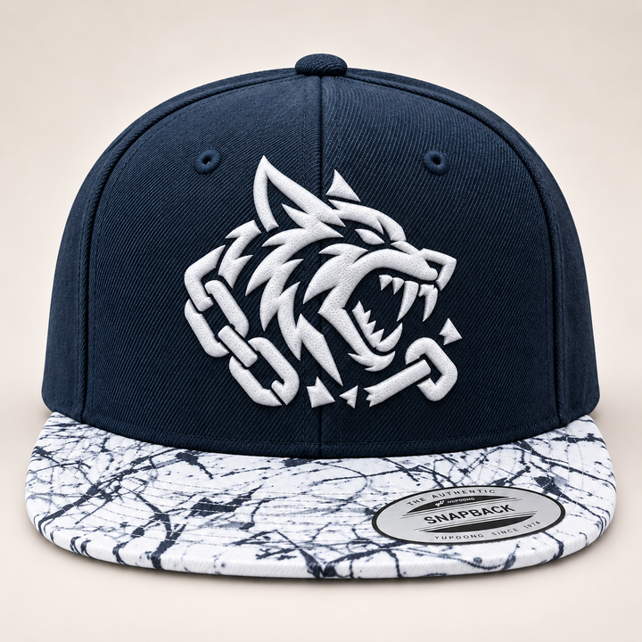 🐺🪨 Fang Marble – Obsidian Fang · White 3D puff · Navy Crown &amp; Marble Brim Snapback | Hand Finished in Dubai | EmbroMania