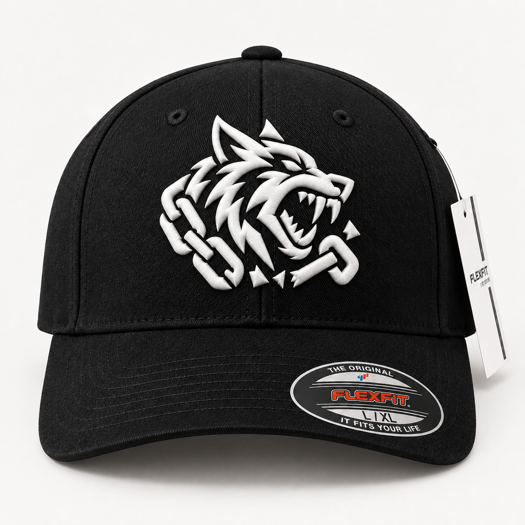 🐺🌑 Fang Prowl – Obsidian Fang · White 3D puff · Black Solid Flexfit | Hand Finished in Dubai | EmbroMania