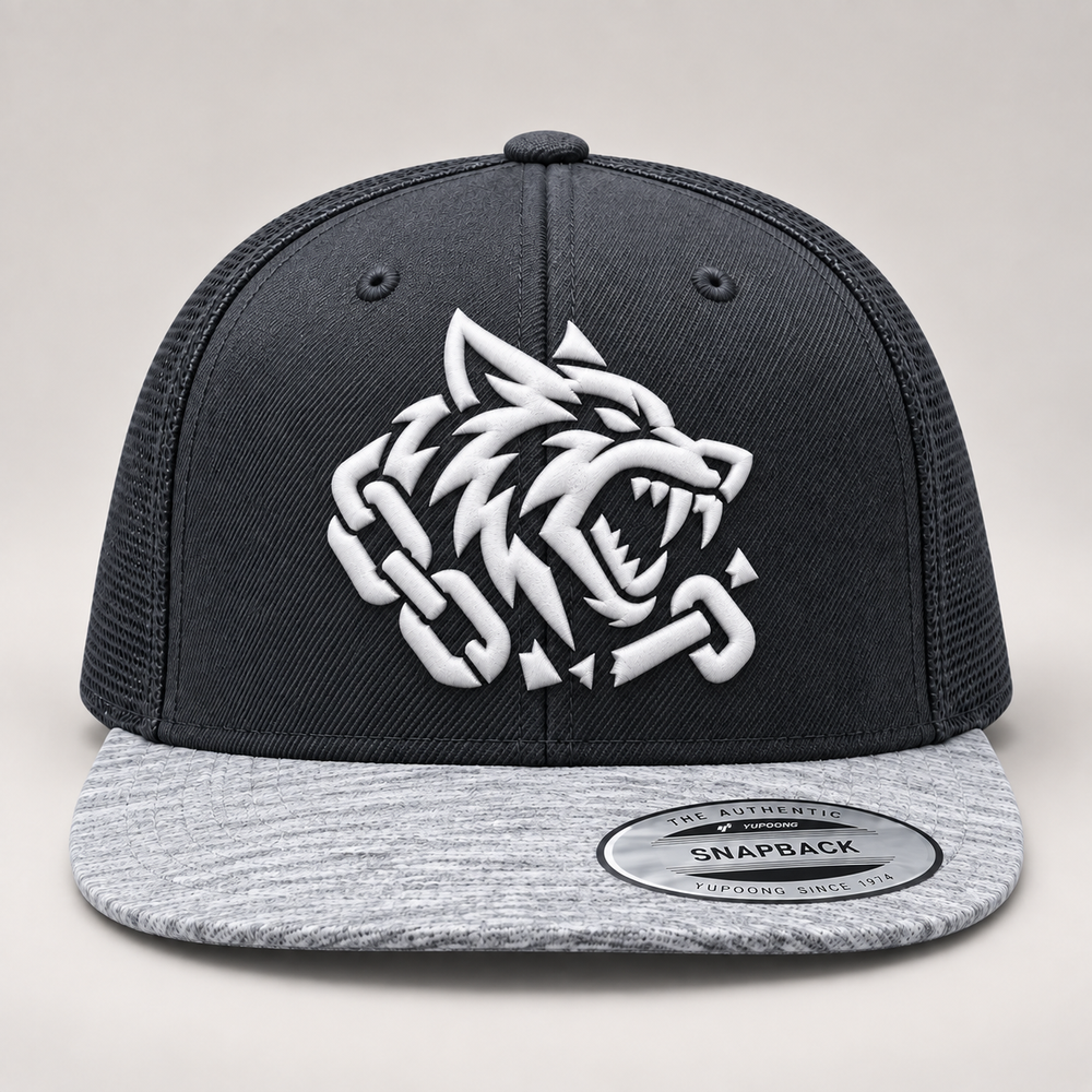 🐺🌫️ Fang Shadow – Obsidian Fang · White 3D puff · Charcoal & Heather Grey Snapback | Hand Finished in Dubai | EmbroMania