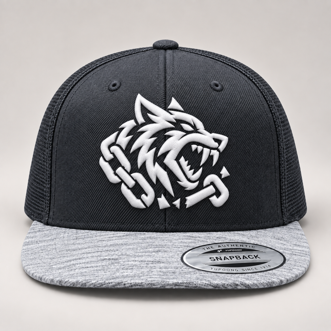 🐺🌫️ Fang Shadow – Obsidian Fang · White 3D puff · Charcoal &amp; Heather Grey Snapback | Hand Finished in Dubai | EmbroMania