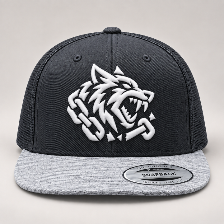🐺🌫️ Fang Shadow – Obsidian Fang · White 3D puff · Charcoal &amp; Heather Grey Snapback | Hand Finished in Dubai | EmbroMania
