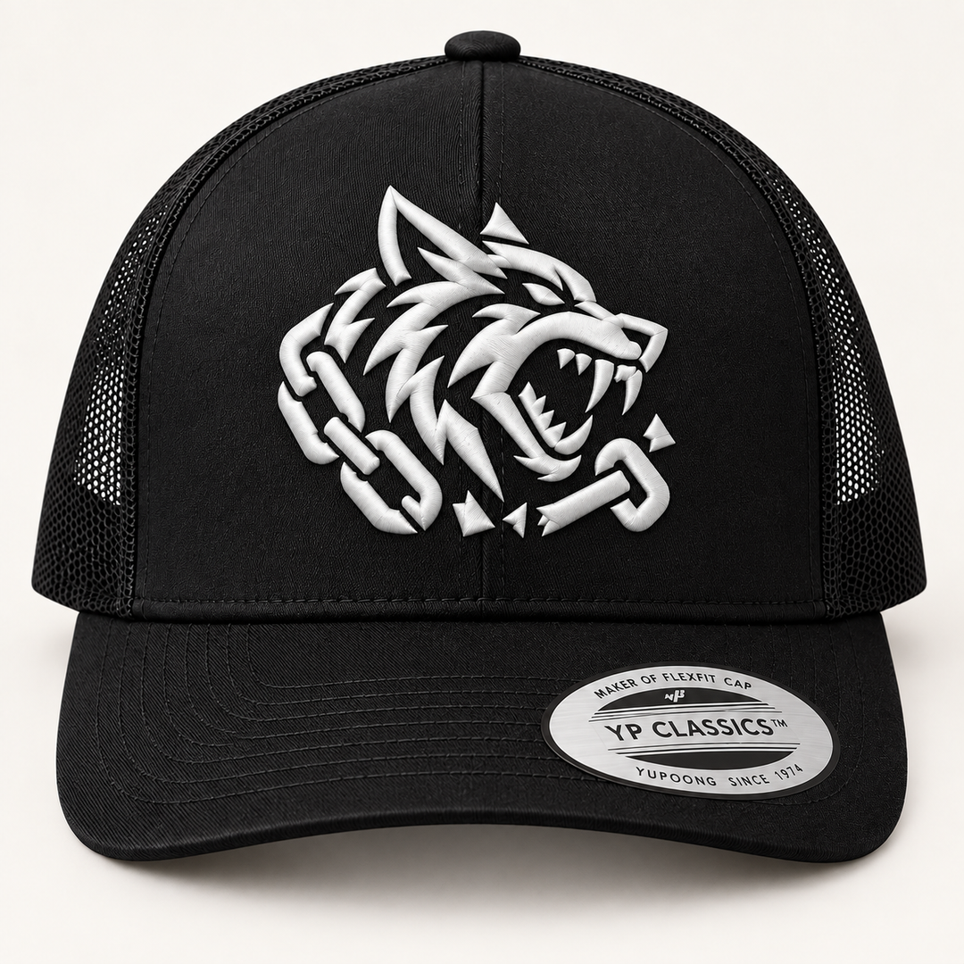 🐺⚡ Fang Strike – Obsidian Fang · White 3D puff · Black Curved Trucker | Hand Finished in Dubai | EmbroMania