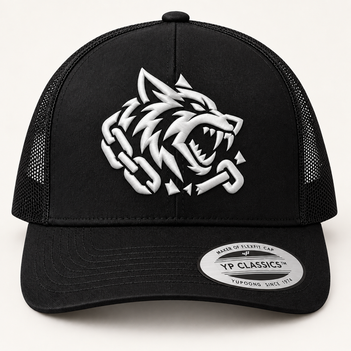 🐺⚡ Fang Strike – Obsidian Fang · White 3D puff · Black Curved Trucker | Hand Finished in Dubai | EmbroMania