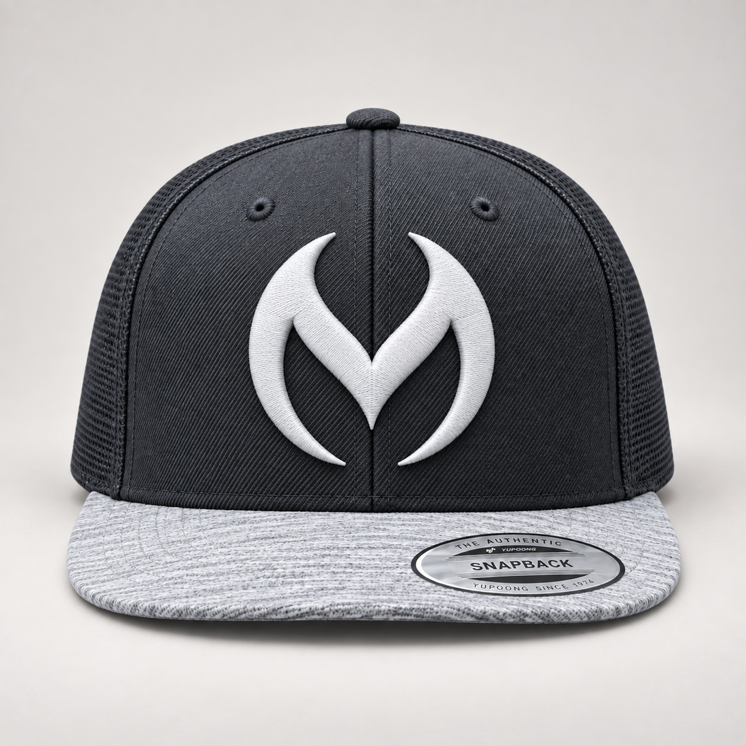 ⚡🌫️ Ash Sigil – Obsidian Vortex · White 3D puff · Charcoal &amp; Heather Grey Snapback | Hand Finished in Dubai | EmbroMania