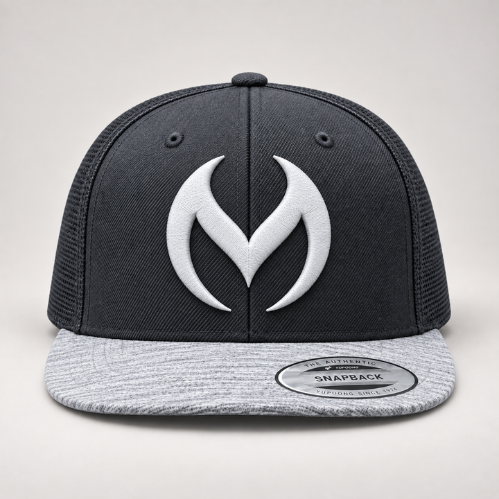 ⚡🌫️ Ash Sigil – Obsidian Vortex · White 3D puff · Charcoal &amp; Heather Grey Snapback | Hand Finished in Dubai | EmbroMania