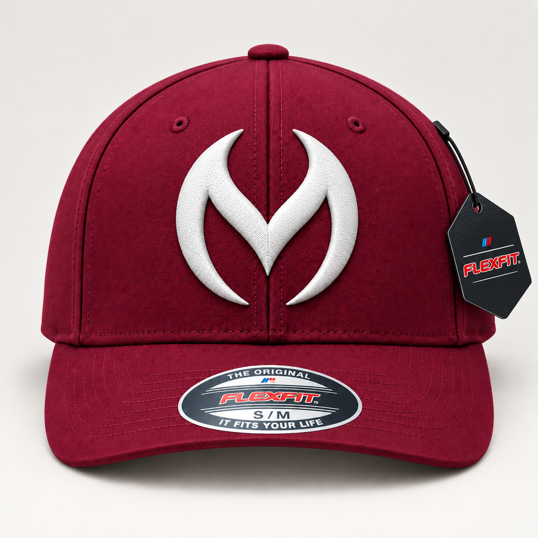 🍷🔥 Crimson Sigil – Obsidian Vortex · White 3D puff · Burgundy Flexfit Curved | Hand Finished in Dubai | EmbroMania