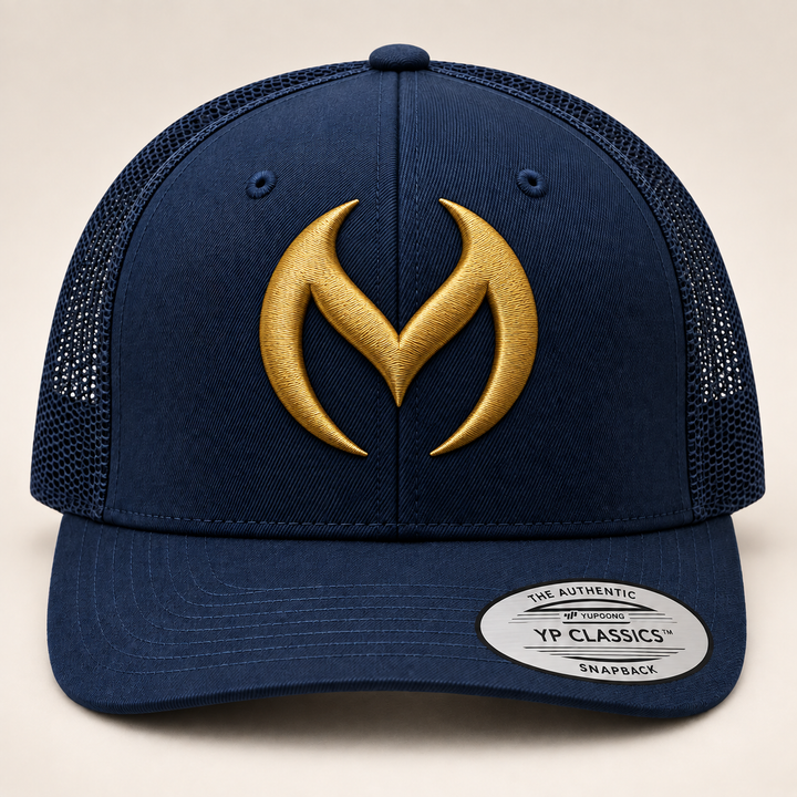 🌊🔥 Deep Ember – Obsidian Vortex · Gold 3D puff · Dark Navy Curved Trucker | Hand Finished in Dubai | EmbroMania