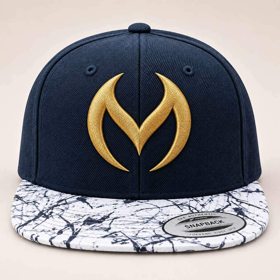 🌊✨ Marble Sigil – Obsidian Vortex · Gold 3D puff · Navy Crown &amp; Marble Brim Snapback | Hand Finished in Dubai | EmbroMania