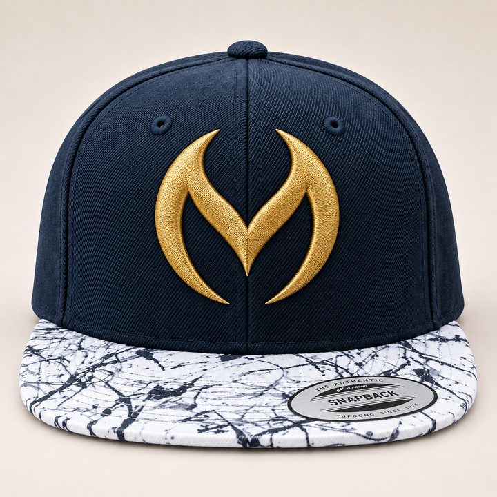 🌊✨ Marble Sigil – Obsidian Vortex · Gold 3D puff · Navy Crown &amp; Marble Brim Snapback | Hand Finished in Dubai | EmbroMania