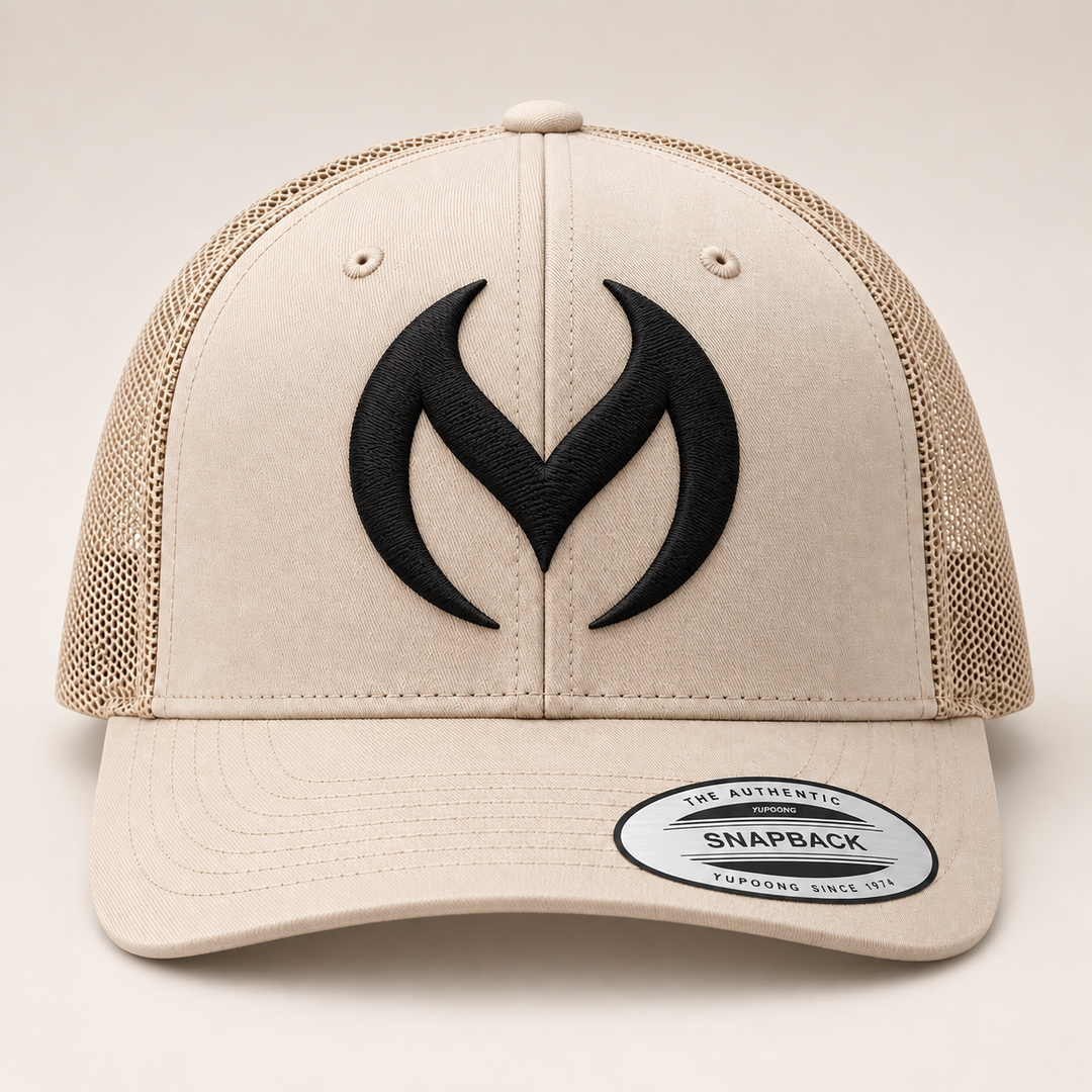 🏜️🖤 Sand Sigil – Obsidian Vortex · Black 3D puff · Sand Beige Retro Trucker | Hand Finished in Dubai | EmbroMania