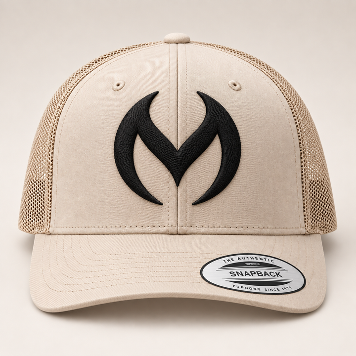 🏜️🖤 Sand Sigil – Obsidian Vortex · Black 3D puff · Sand Beige Retro Trucker | Hand Finished in Dubai | EmbroMania