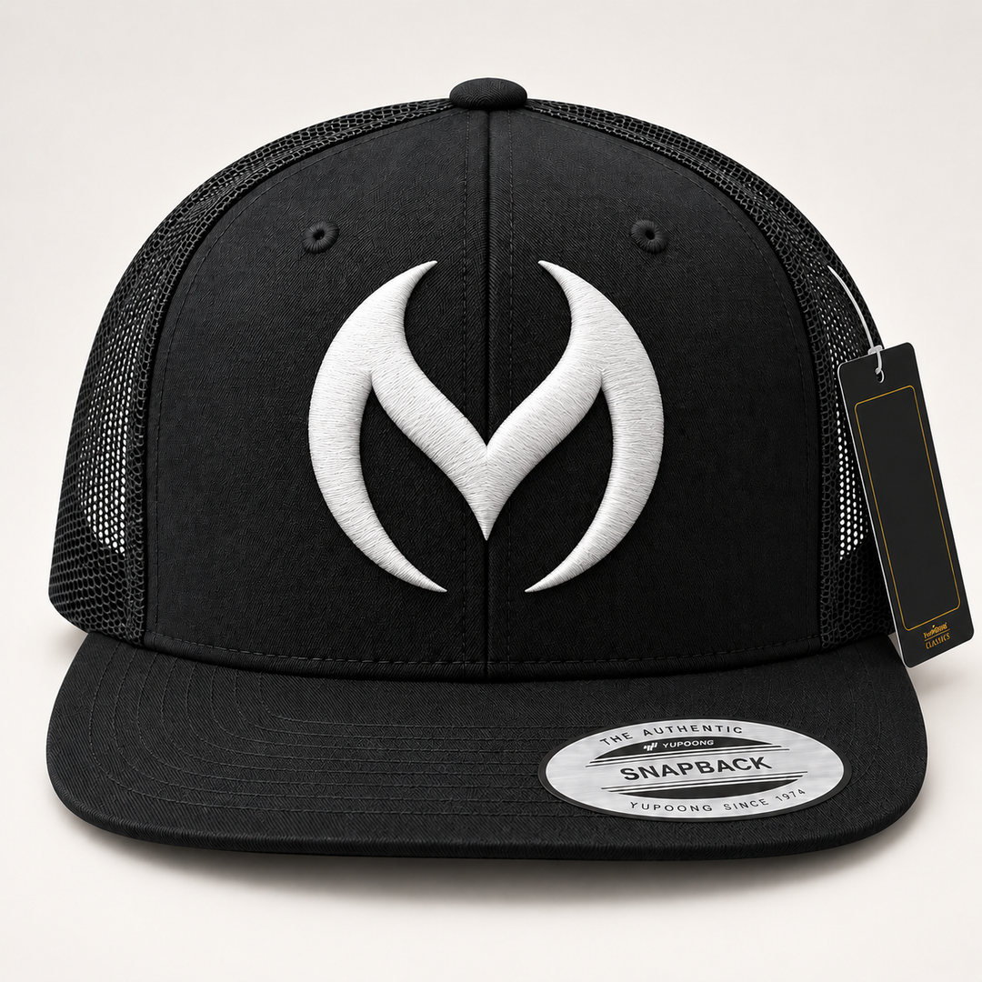 🖤⚡ Smoke Signal – Obsidian Vortex · White 3D puff · Black Flat Trucker YP Classics | Hand Finished in Dubai | EmbroMania