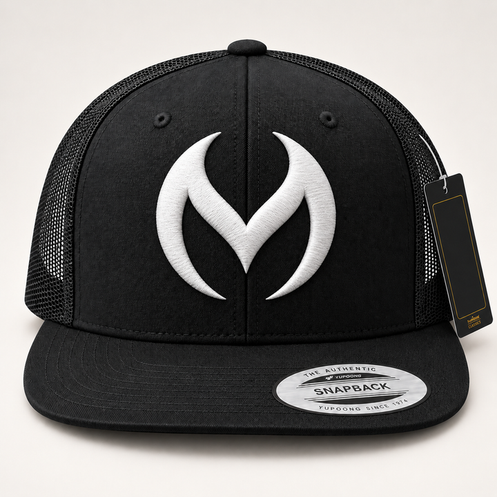 🖤⚡ Smoke Signal – Obsidian Vortex · White 3D puff · Black Flat Trucker YP Classics | Hand Finished in Dubai | EmbroMania
