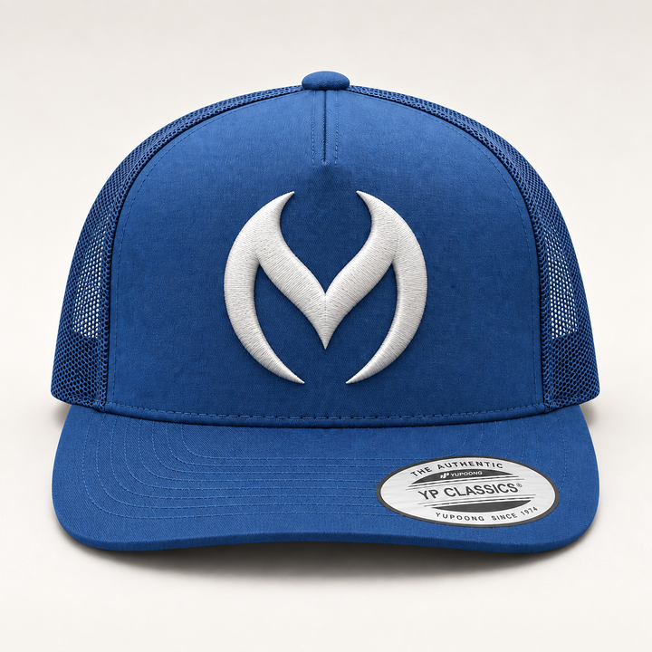 🌫️⚡ Steel Sigil – Obsidian Vortex · White 3D puff · Steel Blue Flat Trucker | Hand Finished in Dubai | EmbroMania