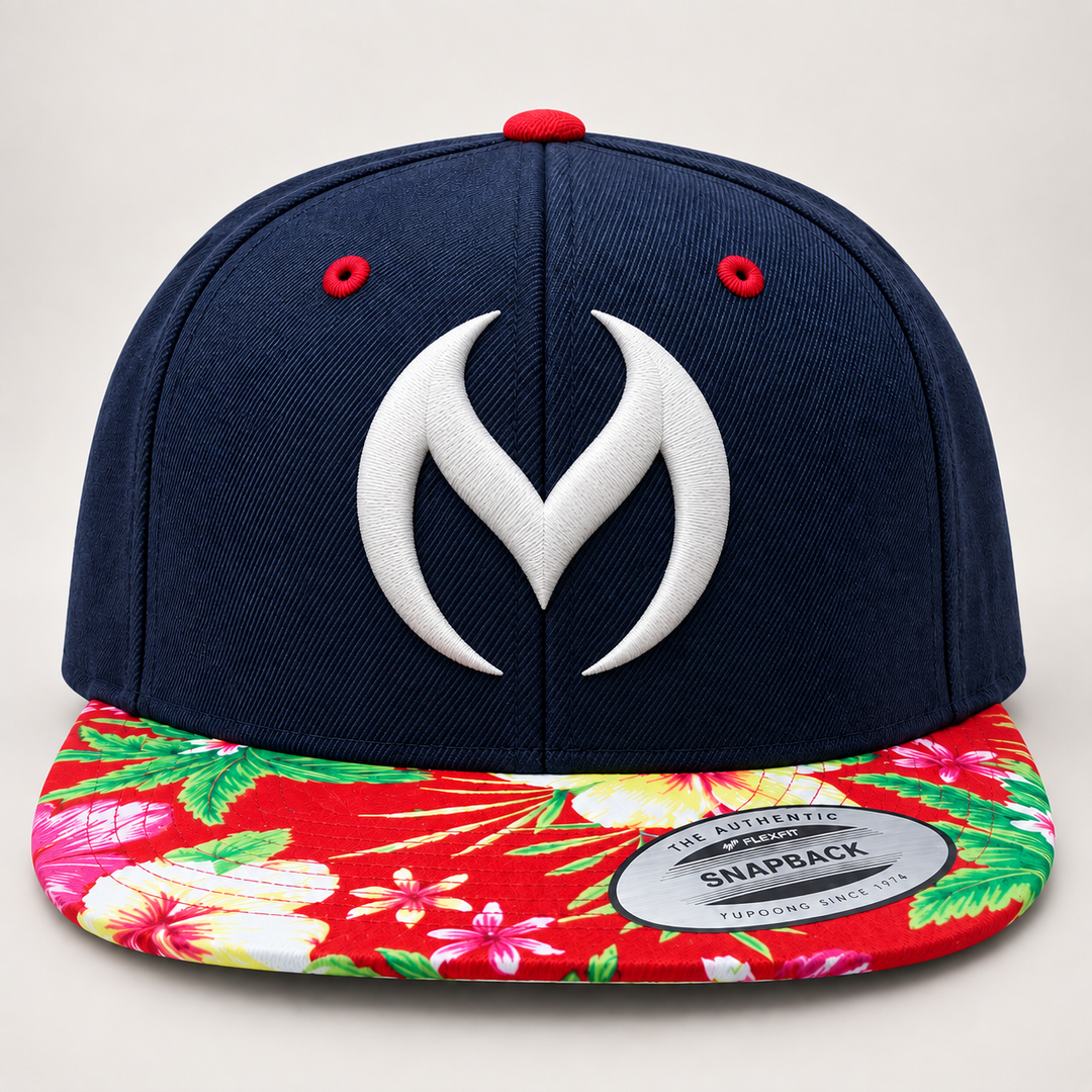 🌺🔥 Tropic Ember – Obsidian Vortex · White 3D puff · Navy Crown & Tropical Floral Brim | Hand Finished in Dubai | EmbroMania