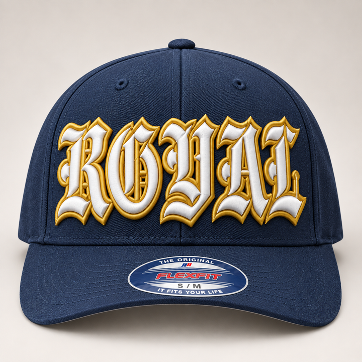 ✨ Clean Prestige – Old English 3D Puff · White fill · Gold outline · Navy Flexfit | Hand Finished in Dubai | EmbroMania