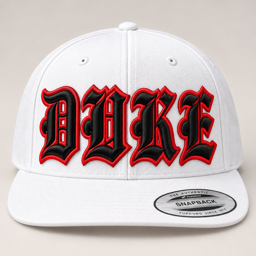 🔥 Dark Fire – Old English 3D Puff · Black fill · Red outline · All White Snapback | Hand Finished in Dubai | EmbroMania