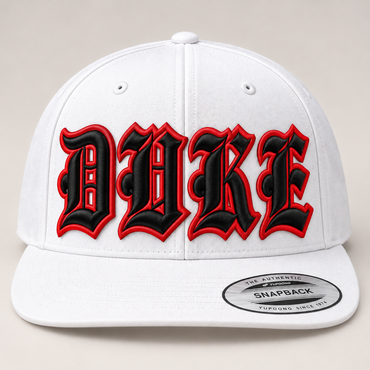 🔥 Dark Fire – Old English 3D Puff · Black fill · Red outline · All White Snapback | Hand Finished in Dubai | EmbroMania