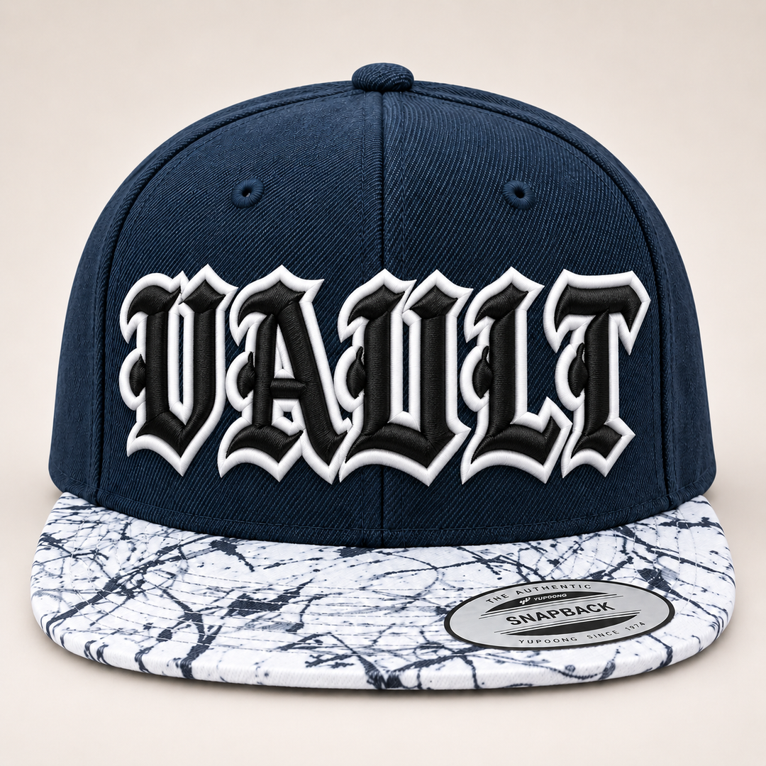 🌑 Dark Marble – Old English 3D Puff · Black fill · White outline · Navy Marble Brim Snapback | Hand Finished in Dubai | EmbroMania