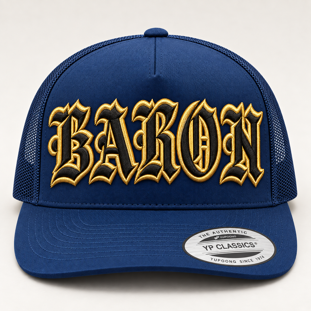 ⭐ Heritage Gold – Old English 3D Puff · Black fill · Gold outline · Dark Navy Flat Trucker | Hand Finished in Dubai | EmbroMania