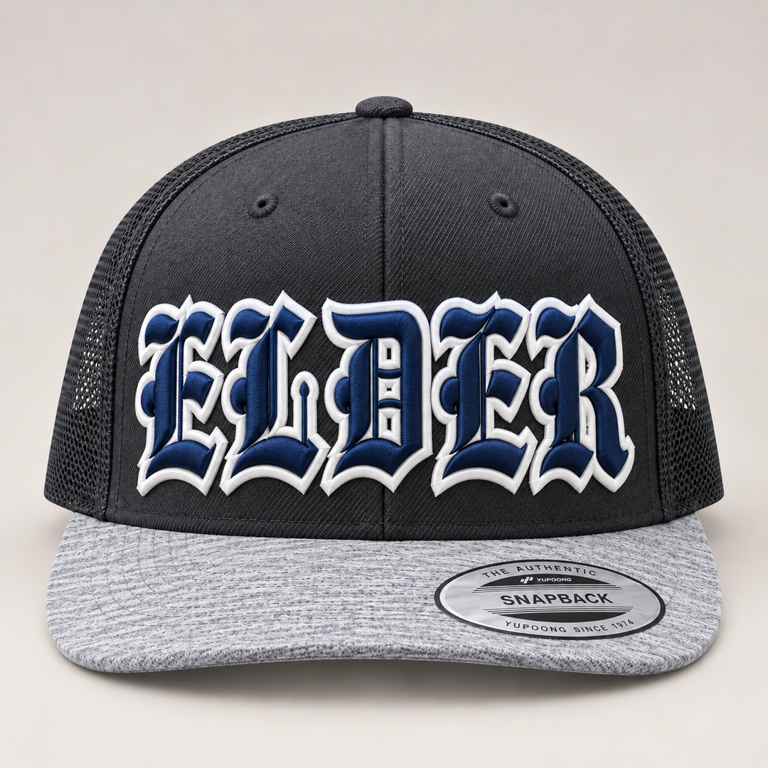 🎓 Quiet Power – Old English 3D Puff · Navy fill · White outline · Charcoal &amp; Heather Grey Snapback | Hand Finished in Dubai | EmbroMania