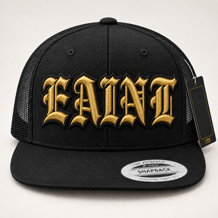 👑 Street Royal – Old English 3D Puff · Gold fill · Black outline · Black Flat Trucker | Hand Finished in Dubai | EmbroMania