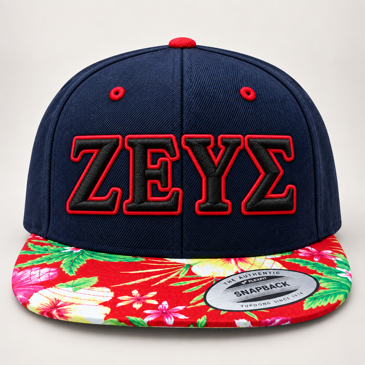 ⚫🔴 Dark Olympus – Olympus Greek 3D Puff · Black fill · Red outline · Navy Floral Brim Snapback | Hand Finished in Dubai | EmbroMania